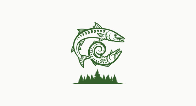 Stylized fish and hook logo with forest elements.