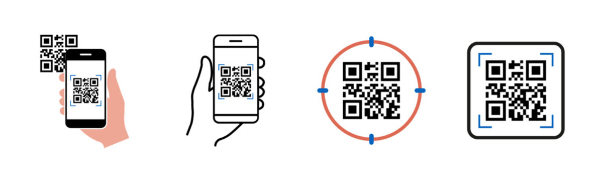 QR code scanning icons, hand holding a phone with scanner symbol, QR code frame