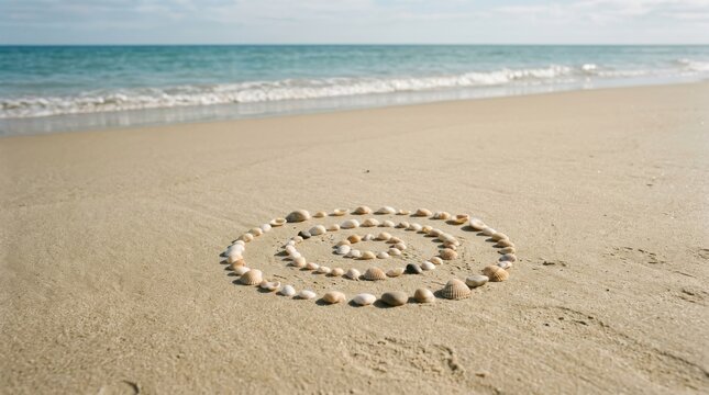 Seashells arranged in concentric circles on sandy beach. Ocean shore background. Concept of nature conservation and World Oceans Day. Summer holiday, marine life and travel celebration.