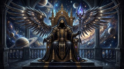 Fototapeta premium A hooded dark angel king seated on an elaborate golden throne with huge metallic wings spread wide, holding a staff, surrounded by planets and a star-filled cosmic sky