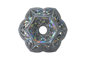 Fototapeta premium Complex 3d geometric mandala sculpture with iridescent metallic finish isolated on black background, featuring intricate lattice, holographic chrome isolated on a transparent background