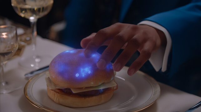 3D illustration of a lunch menu that is constantly changing its text into unreadable symbols and alien glyphs. A hand reaches out to touch a burger that is half-real and half-wireframe. The 