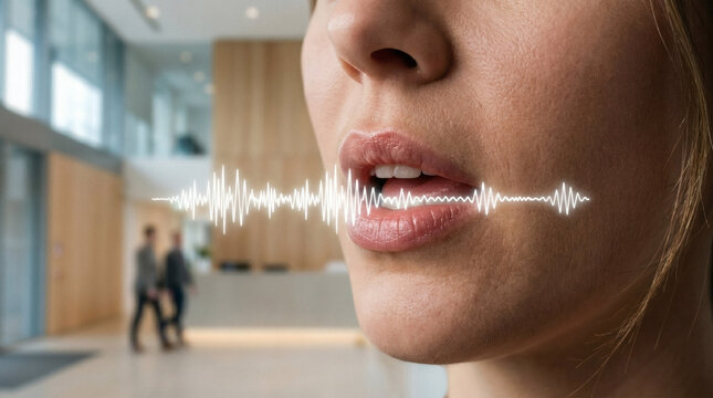 Woman mouth speaking sound wave.