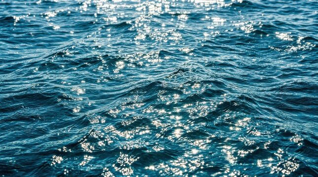 Blue sea surface with sparkling sun glints. Texture of rippling ocean water with light reflections. Background for World Oceans Day environment conservation and nature protection concept.