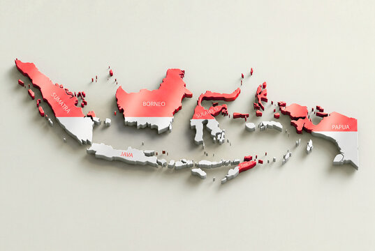 Three dimensional Indonesia map islands colored red white national flag Sumatra Java Kalimantan Sulawesi Papua unity geography national identity cultural symbolism patriotic design generated ai