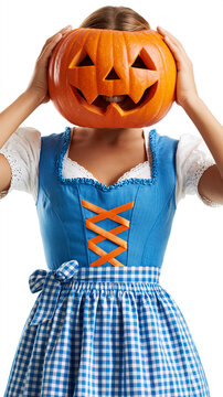 Eine Frau in einem blauen Dirndl h&auml;lt einen Halloween-K&uuml;rbis vor ihr Gesicht