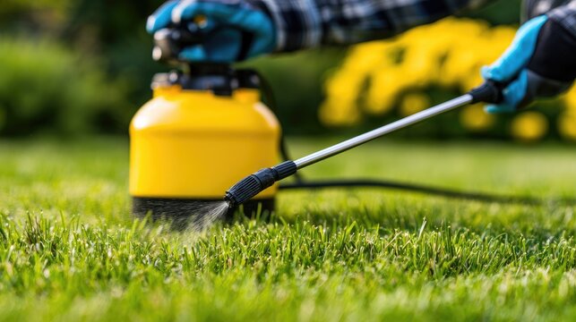 Person sprays lawn with a bright yellow handheld pump sprayer