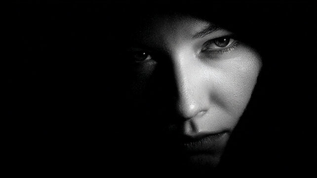 Mysterious Female Face Emerging From Darkness. - Dramatic Black and White Portrait.