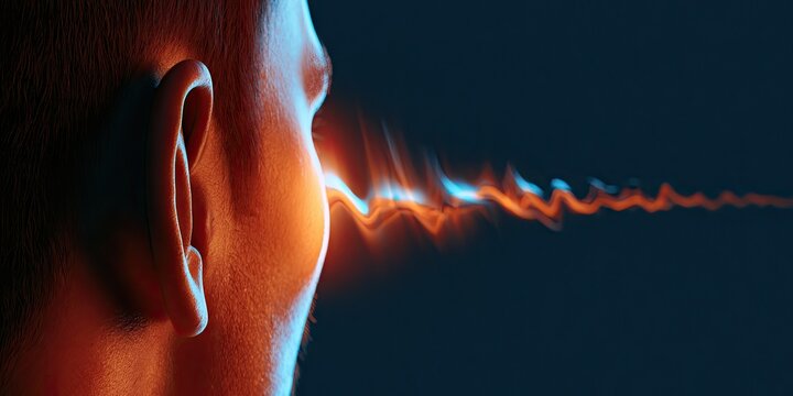 Close-up of a human ear with vibrant sound waves emanating outward
