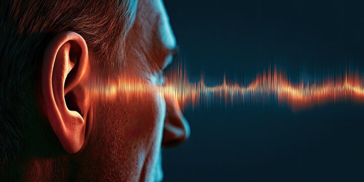 Side view of an ear receiving a vibrant sound wave visualization