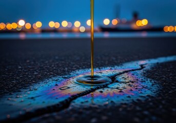 Fototapeta premium Crude Oil Pouring onto Cracked Asphalt at Industrial Harbor Representing Environmental Pollution and Ecological Damage