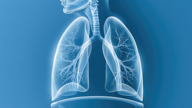 X-ray of human lungs, trachea, and ribcage on blue gradient