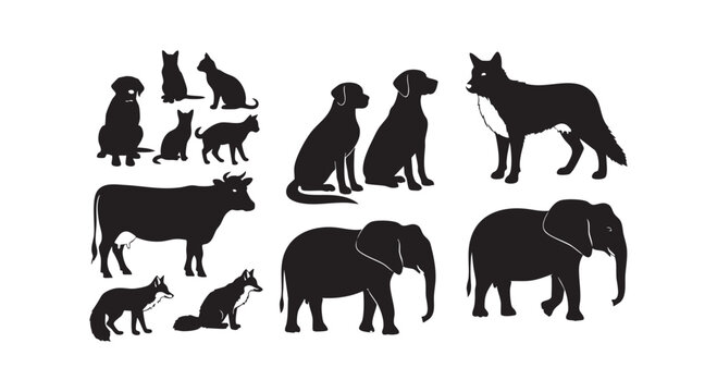 Collection of animal silhouettes featuring domestic cats dogs farm cows wild foxes and exotic elephant family groups.