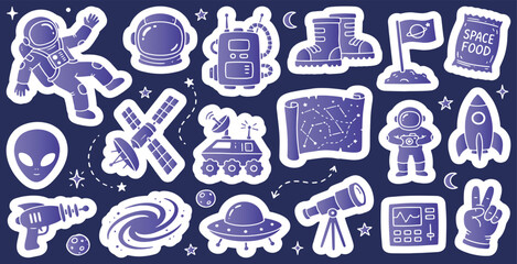 Collection of space-themed stickers with astronauts, rockets, planets, and alien elements in a purple hue. © Riki