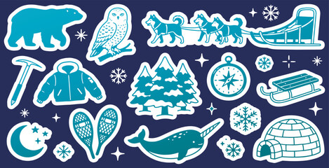 Winter Arctic and Antarctic Animals, Objects, and Landscapes Icon Set. © Riki