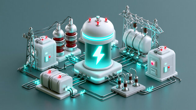 Isometrische 3D-Darstellung einer modernen Wasserstoff-Energieanlage mit Leitungen