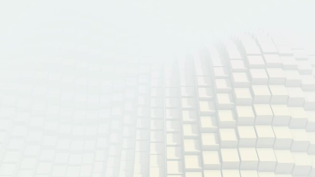 Abstract 3d render of white geometric cubes moving in an undulating wave pattern with soft foggy atmosphere