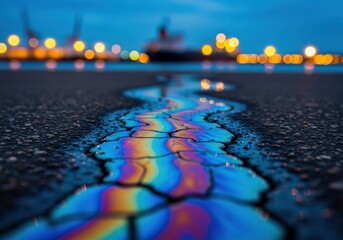 Fototapeta premium Iridescent Oil Spill Leaking on Asphalt at Cargo Port, Environmental Pollution and Industrial Ecological Hazard Concept