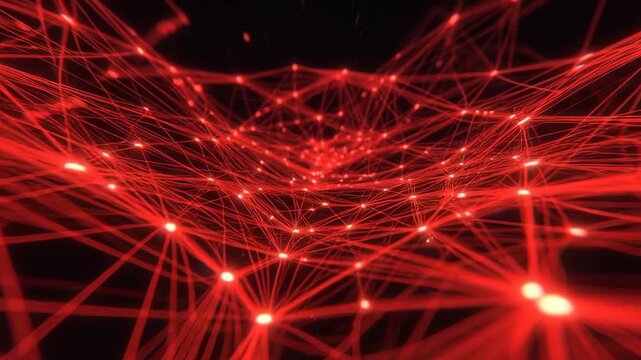 Red luminous lines forming dense abstract mesh on dark background, digital style, concept of connectivity and data flow