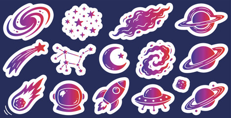 Set of colorful space stickers with planets, stars, rockets, and galaxies, perfect for cosmic themes. © Riki