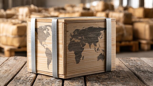 Wooden crate with world map etched on sides, secured with metal straps