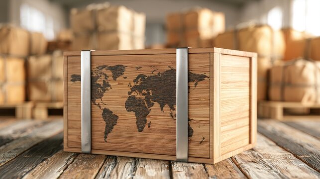 Wooden crate with world map on its side, stacked with parcels