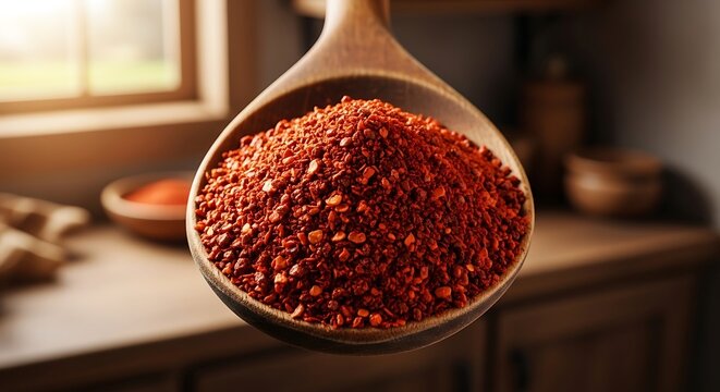 Red chili powder spice in a wooden spoon held in a bright kitchen for cooking delicious homemade healthy food. aleppo pepper powder 