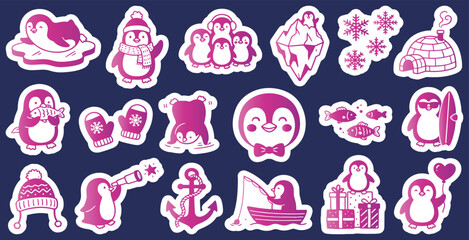 A collection of cute pink and white cartoon penguin stickers featuring various activities and arctic elements on a dark blue background, perfect for winter themes. © Riki