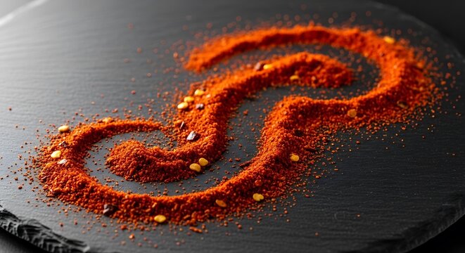 Red chili powder and spices arranged in a swirl shape on a dark black stone surface for cooking background. aleppo pepper powder 