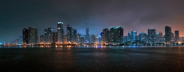 Fototapeta premium Panoramic city skyline at night with illuminated buildings reflecting on water