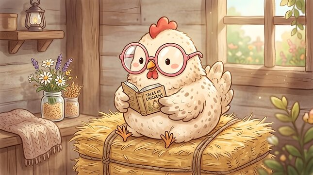 A cartoon chicken wearing glasses reads a book on a haystack in a cozy barn
