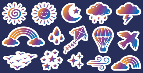 Fototapeta premium Collection of vibrant gradient weather and sky element stickers including sun, moon, stars, clouds, rainbows, and hot air balloon icons.