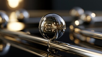 Fototapeta premium Gleaming metallic sphere rests on a polished metal track, reflecting intricate details