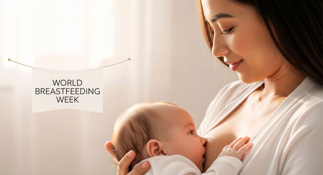 World Breastfeeding Week celebration showing a mother nursing her infant baby. This image is for healthcare promotion, maternal bond support, and lactation education.