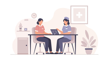 Fototapeta premium Doctor consulting patient with medical data on tablet in clinic office