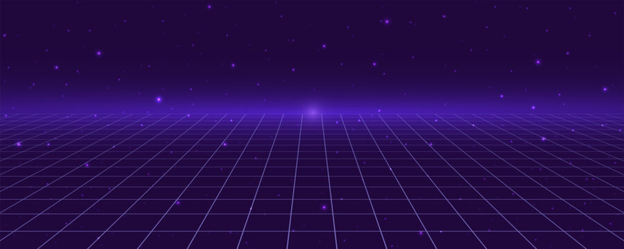 Glowing neon futuristic perspective wireframe grid, square grid line landscape texture, virtual reality, retro game space, square graph pattern