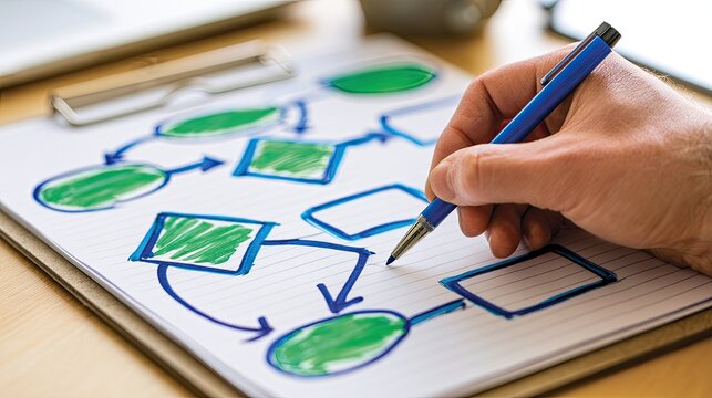 Hand drawing flowchart with green shapes and blue boxes on lined paper