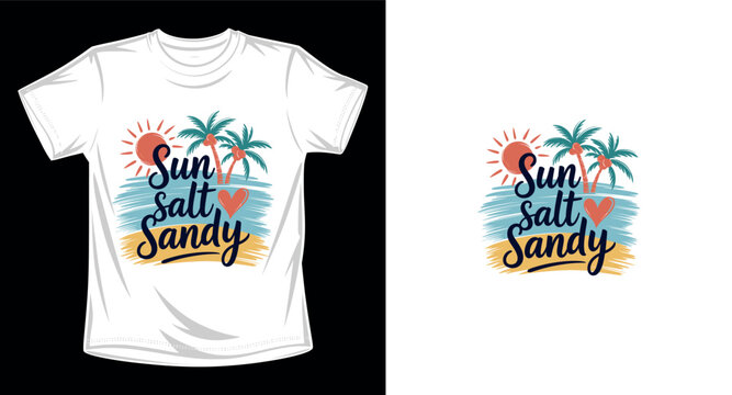 Sun salt sandy summer beach vacation t-shirt design, sun salt sandy vector, sun salt sandy with beach background.