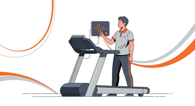 Man on Treadmill with Heart Rate Monitor Displaying EKG - Exercise Stress Test