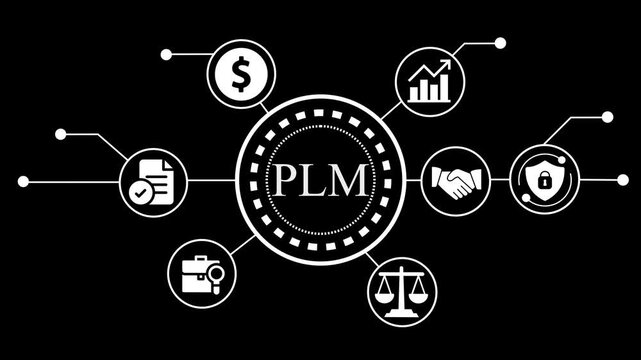 Business plm concept with icons of finance, growth, handshake, security, law, briefcase and document on black background