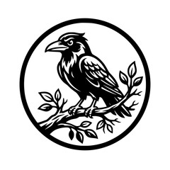 Obraz premium A stylized raven perched on a branch, rendered in a graphic black and white illustration within a circular frame, conveys a sense of mystery and natural power. vector illustration