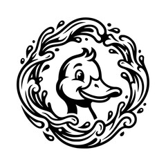 Obraz premium A cute duck head peeks out from a circular splash of water, creating a playful and whimsical illustration that evokes fun and refreshment. vector illustration