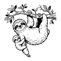 Fototapeta premium A charming illustration of a mother sloth and her baby hanging from a tree branch, showcasing a heartwarming moment of maternal affection and gentle joy. vector illustration