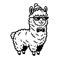 Obraz premium Cool llama wearing sunglasses and a knitted hat, with a bow tie, in a fun, stylized illustration. vector illustration