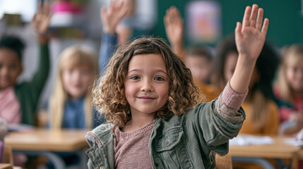 Fototapeta premium A young girl with curly hair raises her hand confidently in a classroom filled with other attentive children.