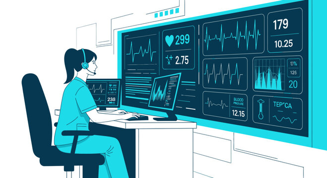 Medical Control Room: Nurse Monitors Vital Signs on Digital Screens