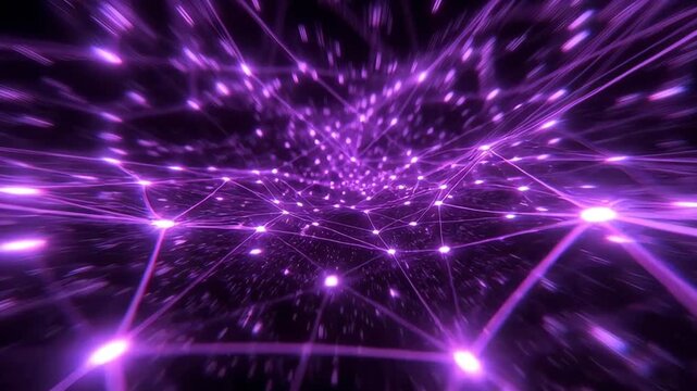 Bright purple light lines forming an abstract network pattern on dark background, concept of digital connectivity