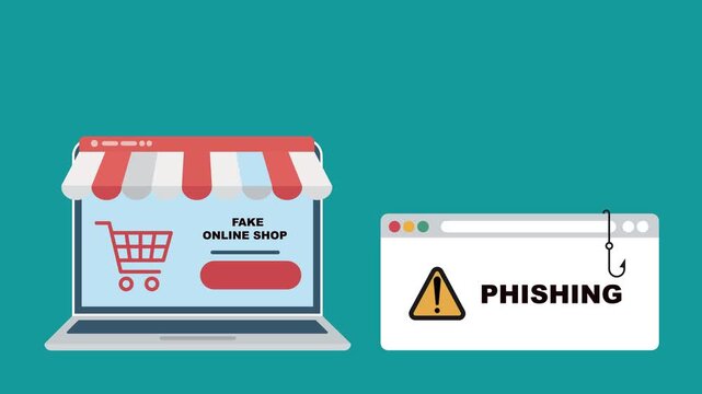 Cybersecurity animation showing phishing attack, fake online store and internet fraud risks. Ideal for awareness campaigns, data protection content, cybercrime education and security training.