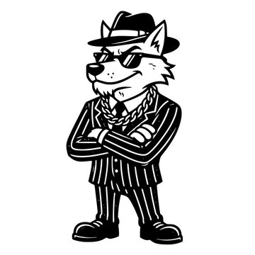 A cool wolf character wearing a fedora, sunglasses, a pinstripe suit, and a thick gold chain, posing with arms crossed and a confident smirk. vector illustration