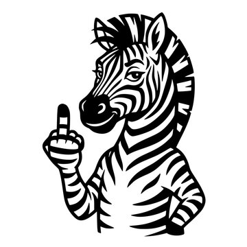 A cartoon zebra with a punk rock hairstyle provocatively gives the middle finger, displaying a bold and rebellious attitude. vector illustration